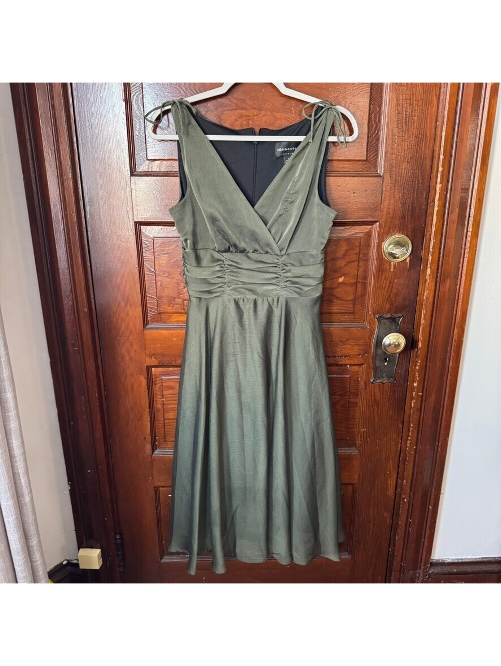 Romantic Whimsy Sage Green Satin-finish Ruched Midi Cocktail Dress Size 6
